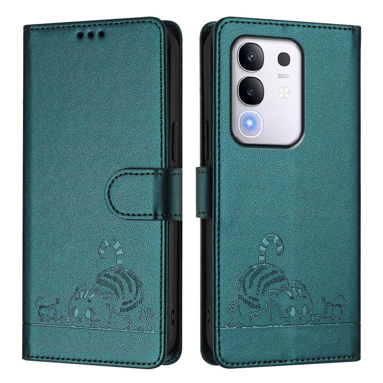 For vivo Y29 4G Global Cat Rat Embossed Pattern RFID Leather Phone Case with Lanyard