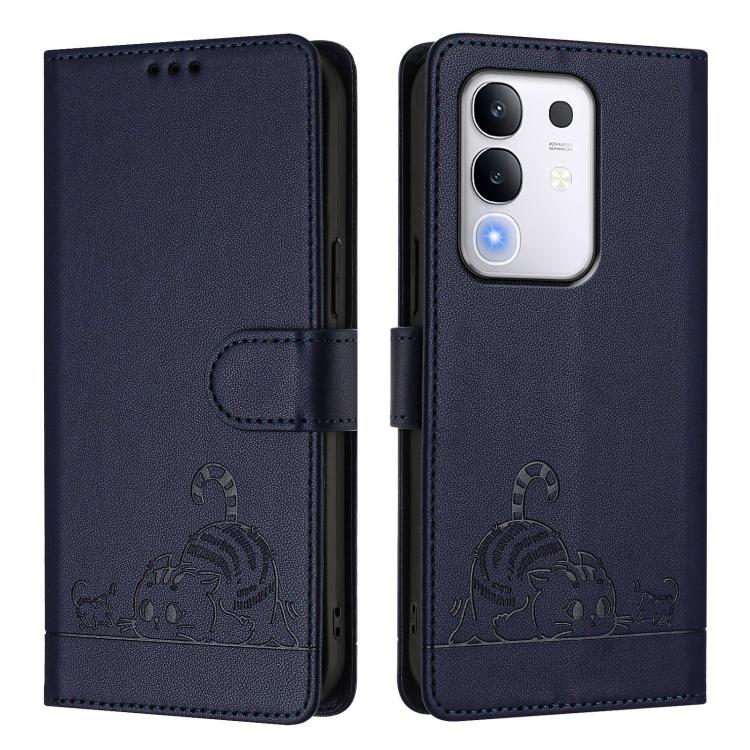 For vivo Y29 4G Global Cat Rat Embossed Pattern RFID Leather Phone Case with Lanyard
