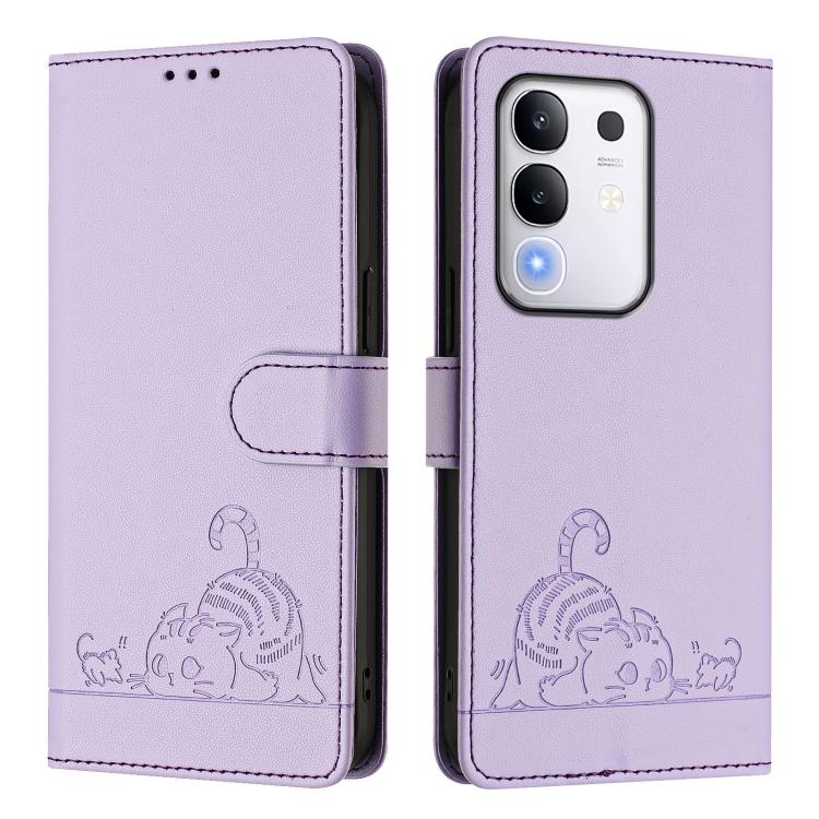 For vivo Y29 4G Global Cat Rat Embossed Pattern RFID Leather Phone Case with Lanyard