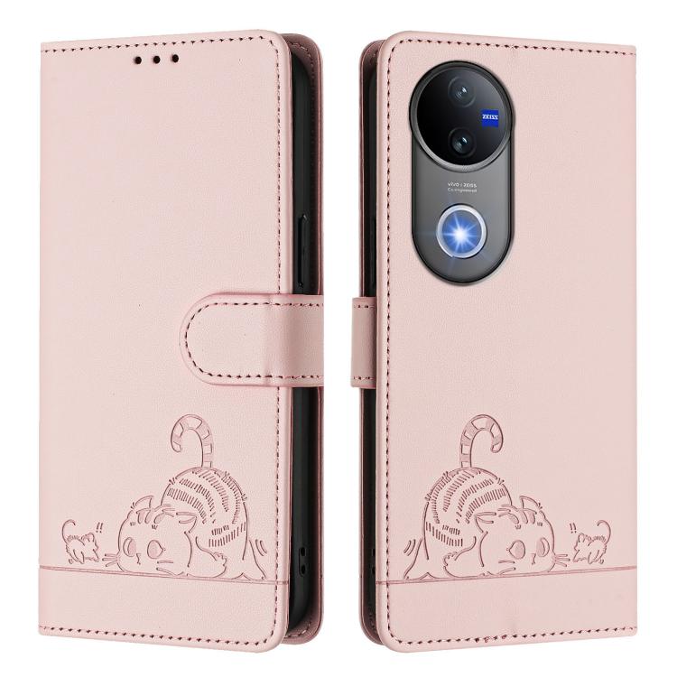 For vivo V50 5G Global Cat Rat Embossed Pattern RFID Leather Phone Case with Lanyard