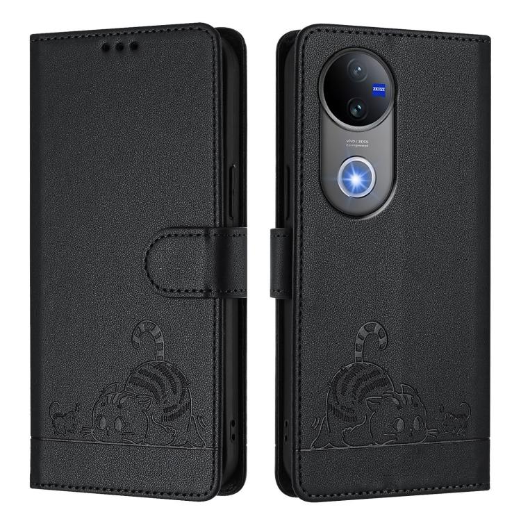 For vivo V50 5G Global Cat Rat Embossed Pattern RFID Leather Phone Case with Lanyard