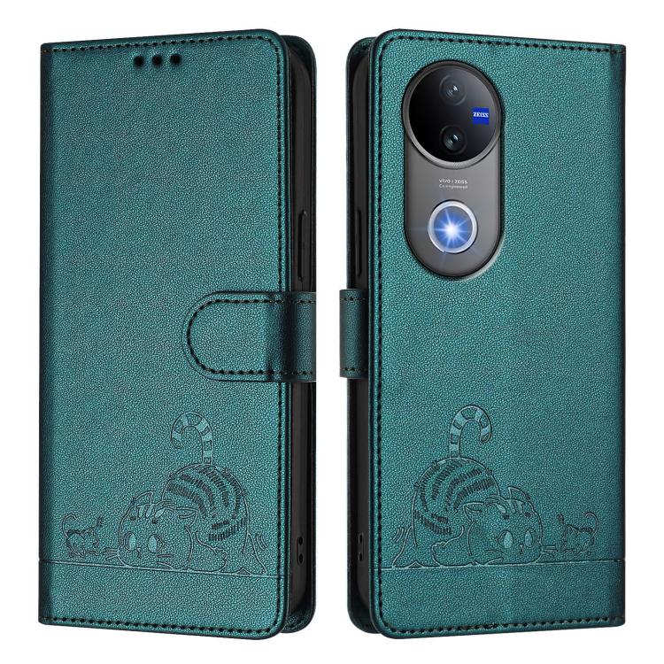 For vivo V50 5G Global Cat Rat Embossed Pattern RFID Leather Phone Case with Lanyard