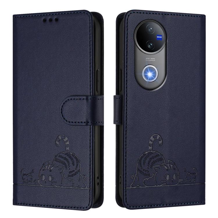 For vivo V50 5G Global Cat Rat Embossed Pattern RFID Leather Phone Case with Lanyard