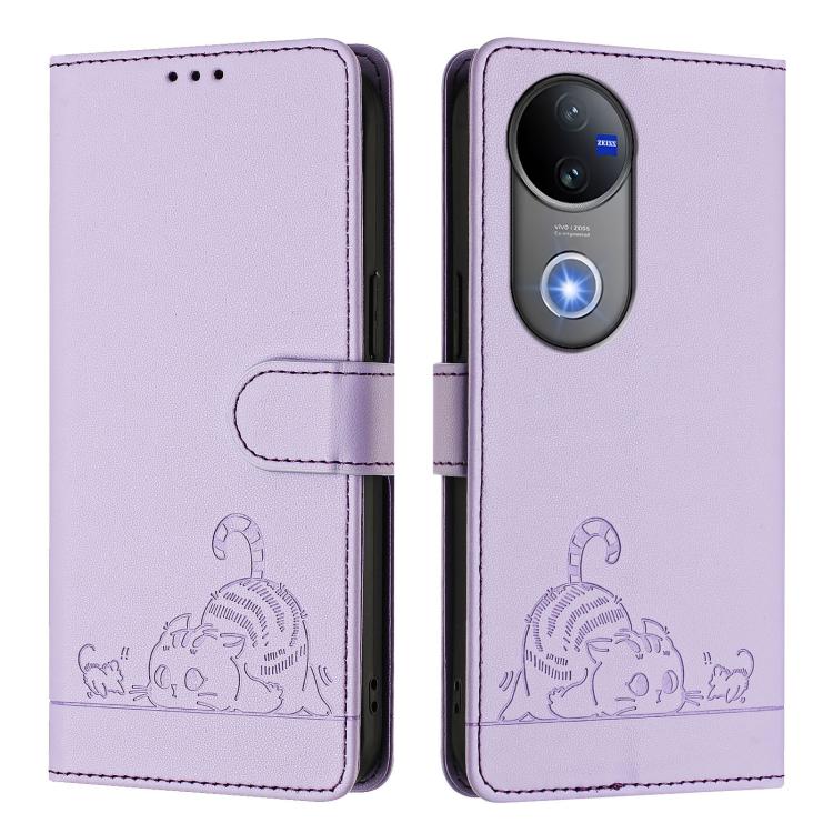 For vivo V50 5G Global Cat Rat Embossed Pattern RFID Leather Phone Case with Lanyard