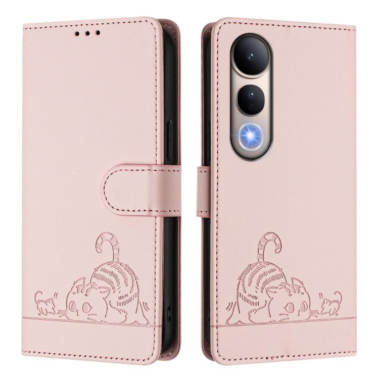 For vivo V50 Lite 5G Cat Rat Embossed Pattern RFID Leather Phone Case with Lanyard