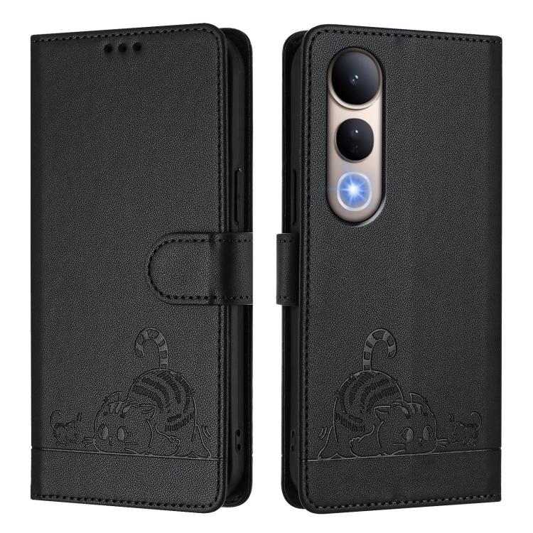 For vivo V50 Lite 5G Cat Rat Embossed Pattern RFID Leather Phone Case with Lanyard