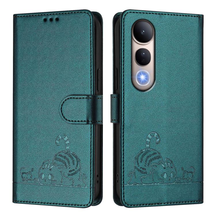 For vivo V50 Lite 5G Cat Rat Embossed Pattern RFID Leather Phone Case with Lanyard