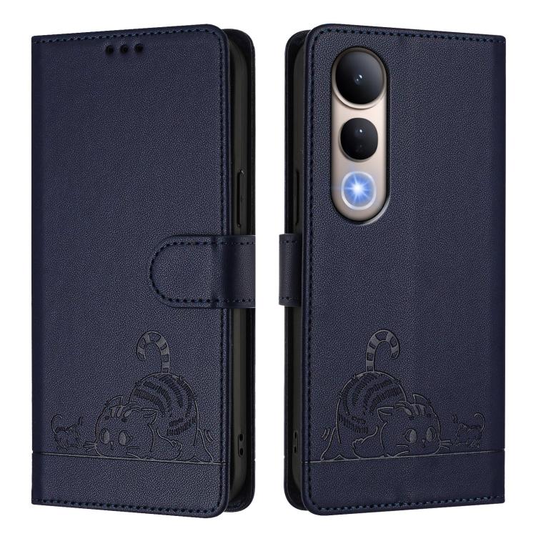 For vivo V50 Lite 5G Cat Rat Embossed Pattern RFID Leather Phone Case with Lanyard