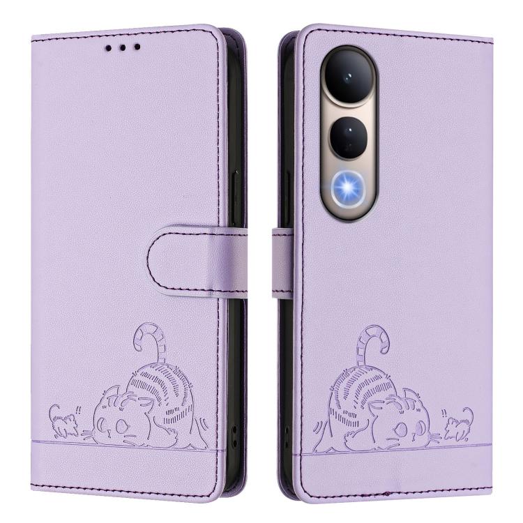 For vivo V50 Lite 5G Cat Rat Embossed Pattern RFID Leather Phone Case with Lanyard