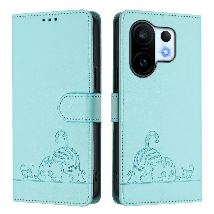 For vivo S30 Pro mini Cat Rat Embossed Pattern RFID Leather Phone Case with Lanyard