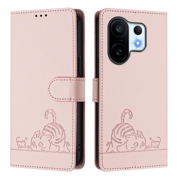 For vivo S30 Pro mini Cat Rat Embossed Pattern RFID Leather Phone Case with Lanyard