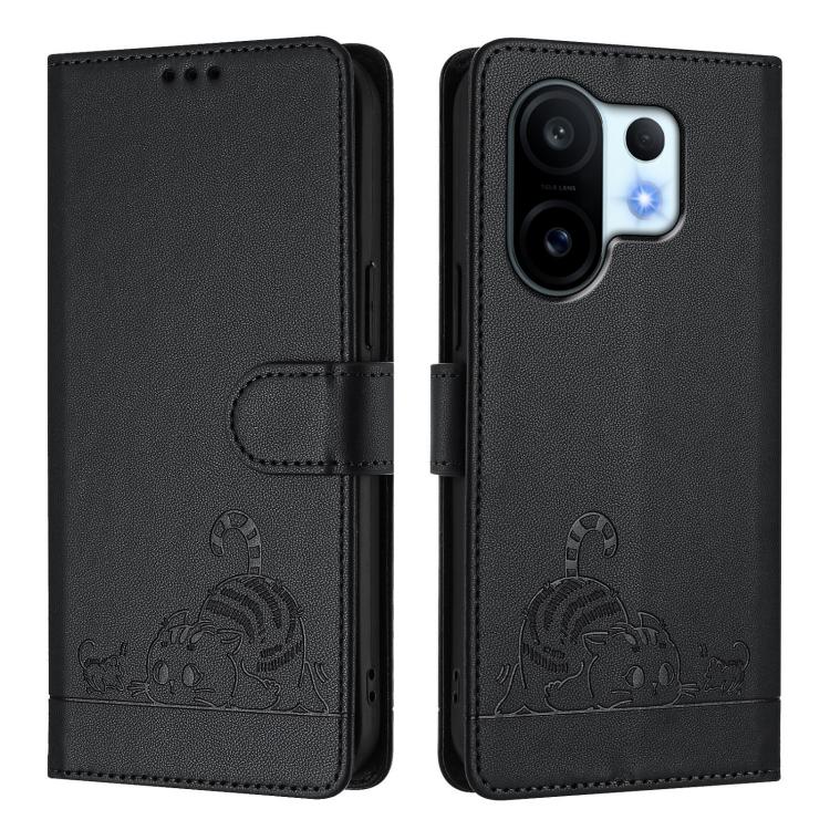 For vivo S30 Pro mini Cat Rat Embossed Pattern RFID Leather Phone Case with Lanyard