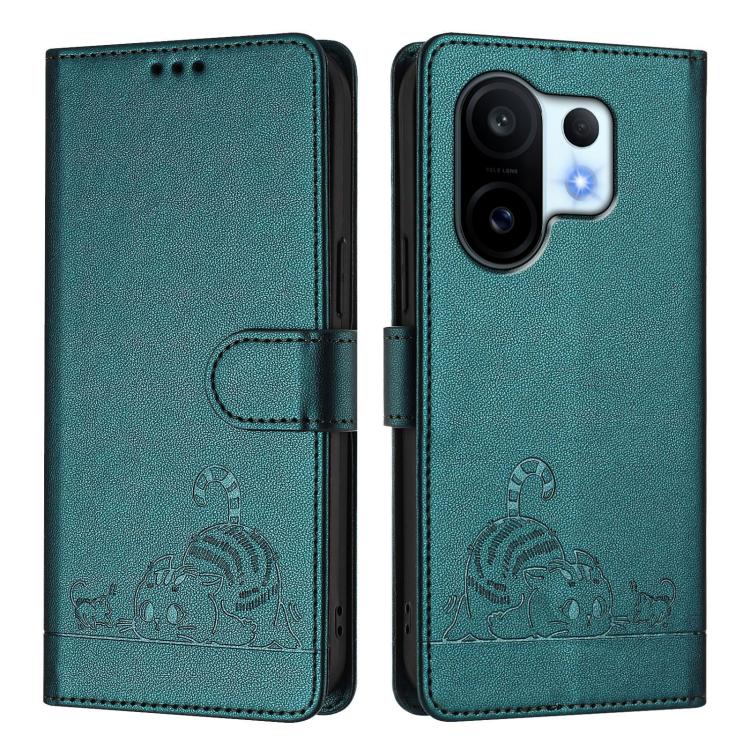 For vivo S30 Pro mini Cat Rat Embossed Pattern RFID Leather Phone Case with Lanyard
