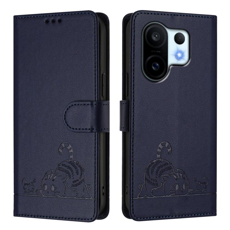 For vivo S30 Pro mini Cat Rat Embossed Pattern RFID Leather Phone Case with Lanyard