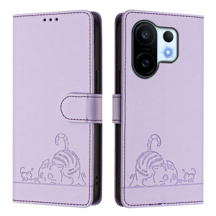 For vivo S30 Pro mini Cat Rat Embossed Pattern RFID Leather Phone Case with Lanyard