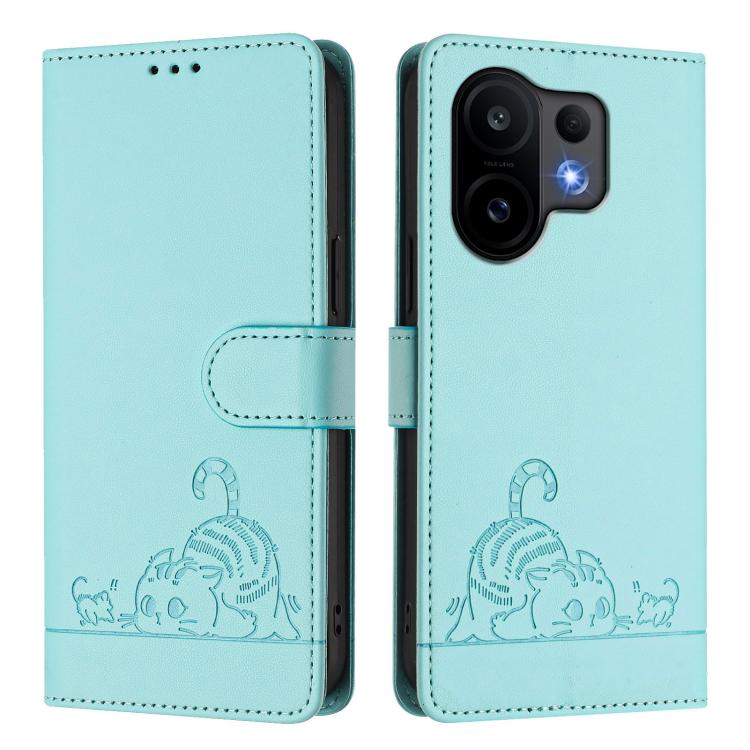 For vivo S30 Cat Rat Embossed Pattern RFID Leather Phone Case with Lanyard