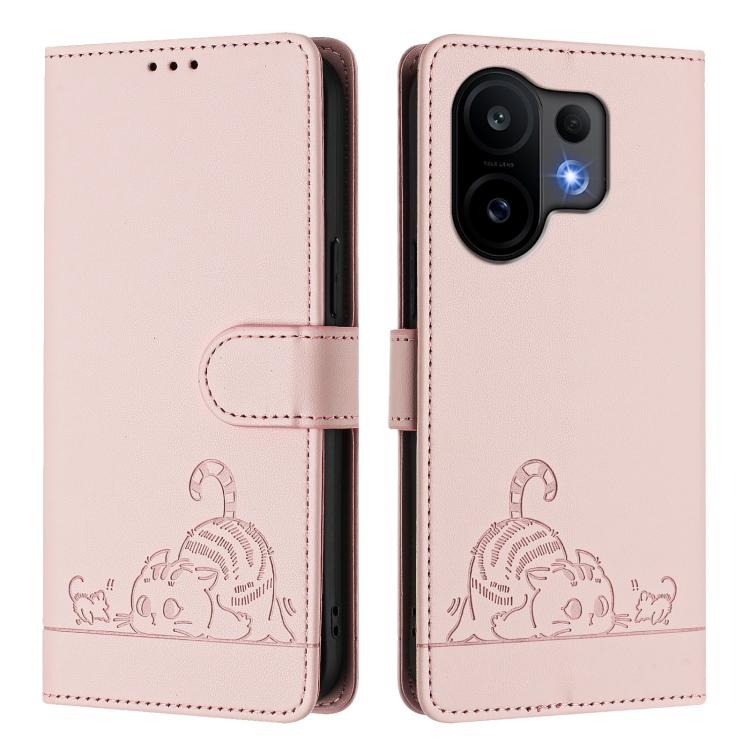 For vivo S30 Cat Rat Embossed Pattern RFID Leather Phone Case with Lanyard