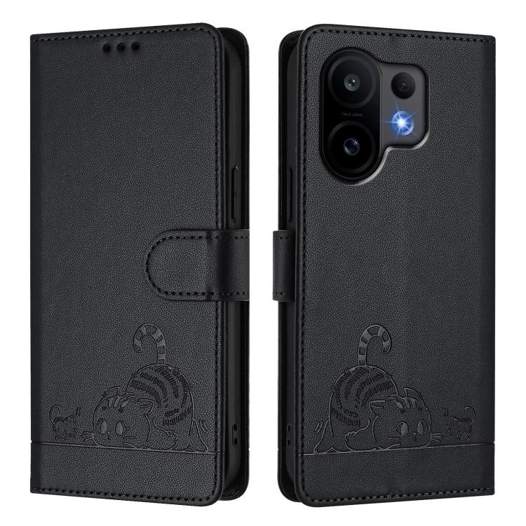For vivo S30 Cat Rat Embossed Pattern RFID Leather Phone Case with Lanyard