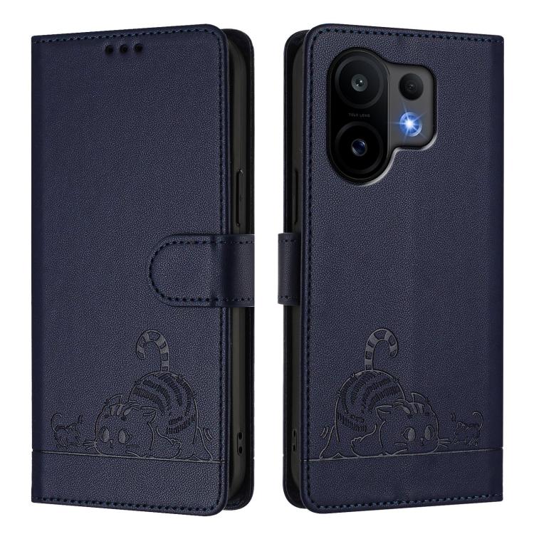 For vivo S30 Cat Rat Embossed Pattern RFID Leather Phone Case with Lanyard