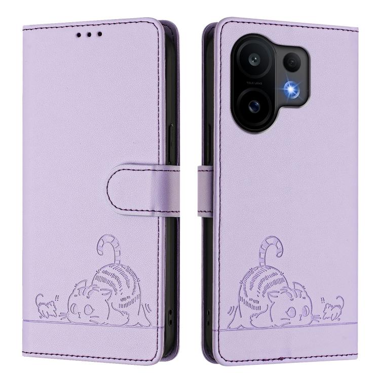 For vivo S30 Cat Rat Embossed Pattern RFID Leather Phone Case with Lanyard