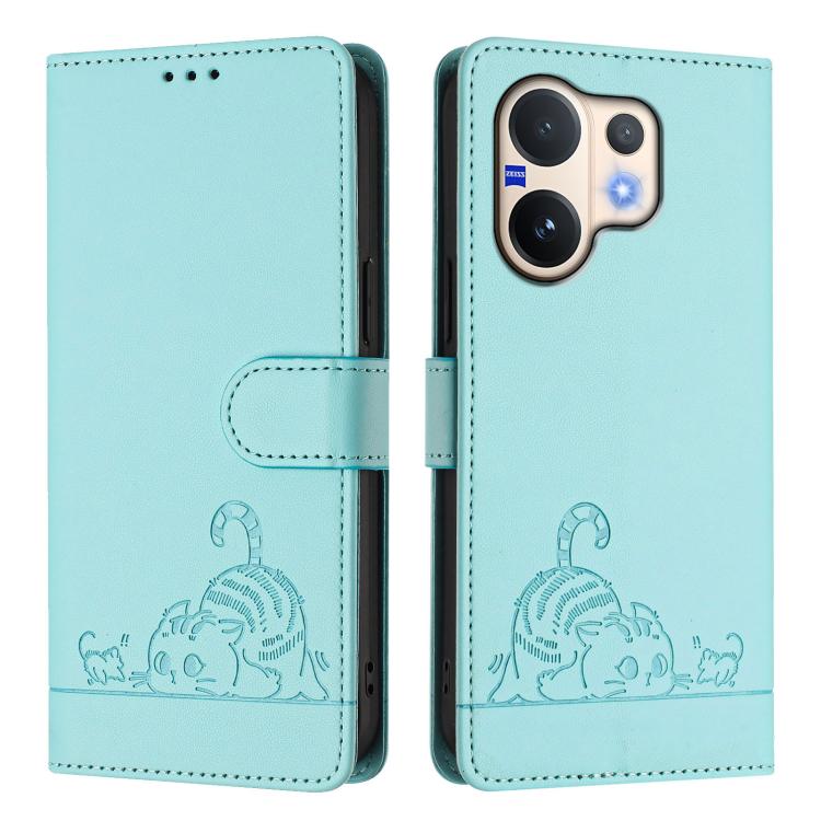 For vivo V60 5G Global Cat Rat Embossed Pattern RFID Leather Phone Case with Lanyard