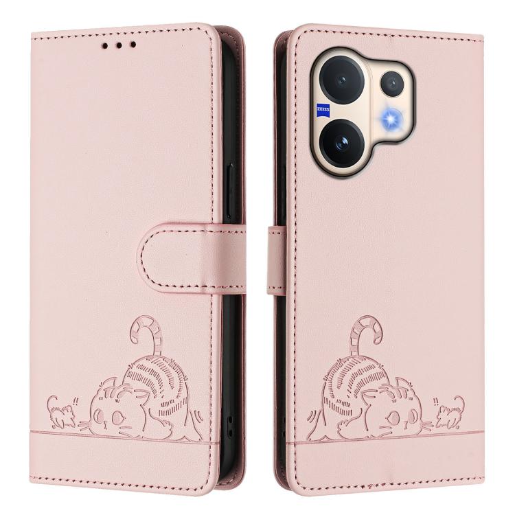 For vivo V60 5G Global Cat Rat Embossed Pattern RFID Leather Phone Case with Lanyard