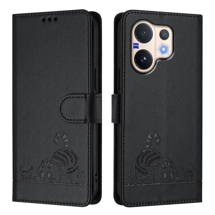 For vivo V60 5G Global Cat Rat Embossed Pattern RFID Leather Phone Case with Lanyard