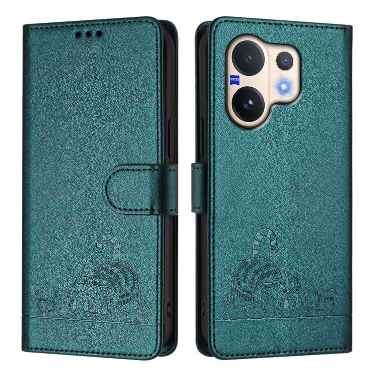 For vivo V60 5G Global Cat Rat Embossed Pattern RFID Leather Phone Case with Lanyard