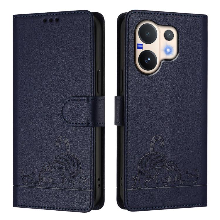 For vivo V60 5G Global Cat Rat Embossed Pattern RFID Leather Phone Case with Lanyard