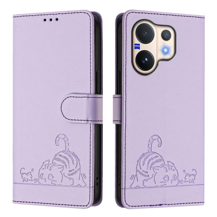 For vivo V60 5G Global Cat Rat Embossed Pattern RFID Leather Phone Case with Lanyard