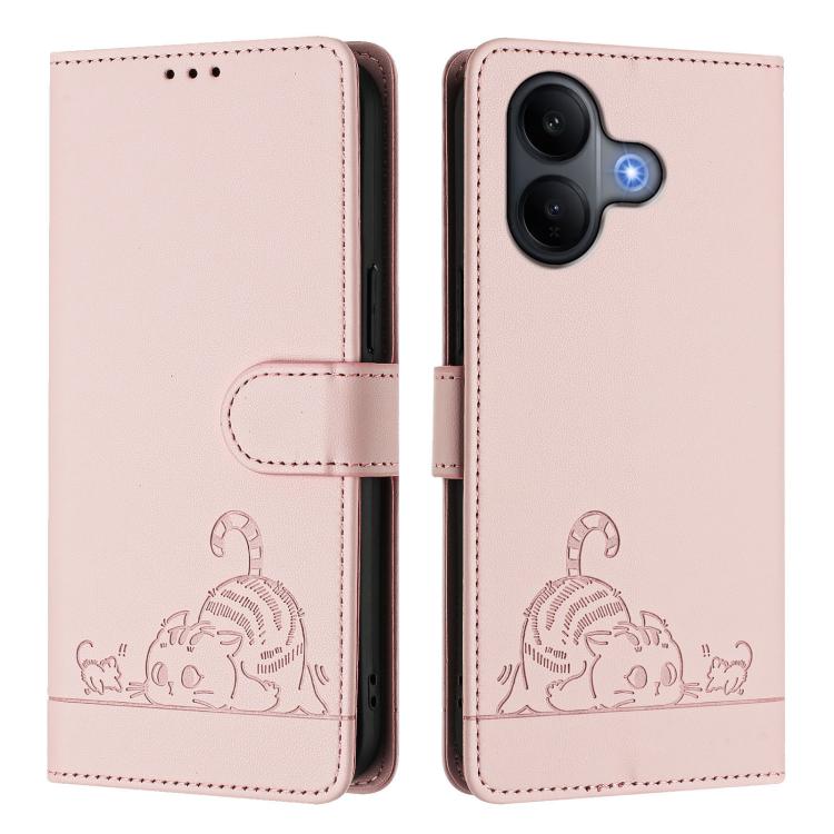For vivo V60 Lite 5G Global Cat Rat Embossed Pattern RFID Leather Phone Case with Lanyard