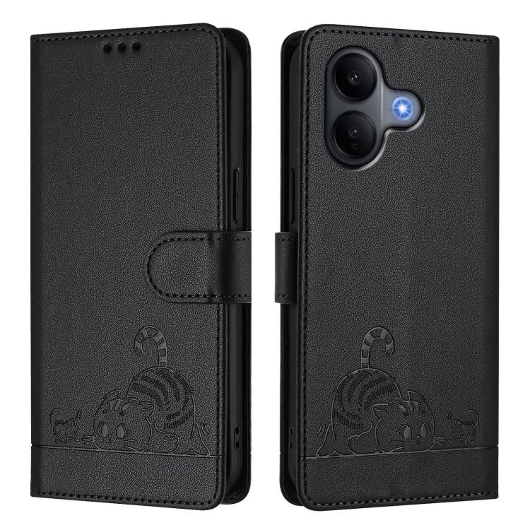 For vivo V60 Lite 5G Global Cat Rat Embossed Pattern RFID Leather Phone Case with Lanyard
