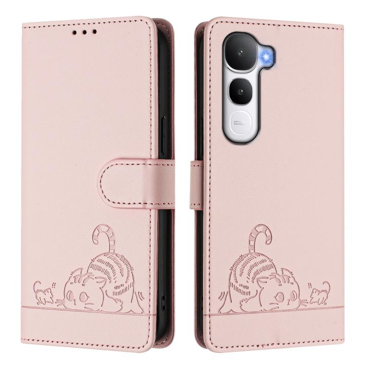 For vivo Y400 4G Cat Rat Embossed Pattern RFID Leather Phone Case with Lanyard