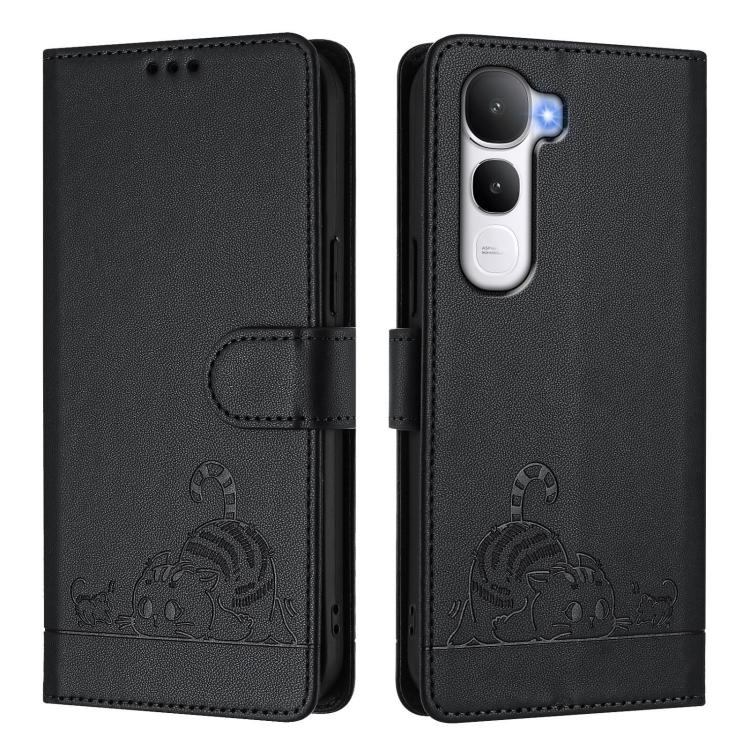 For vivo Y400 4G Cat Rat Embossed Pattern RFID Leather Phone Case with Lanyard