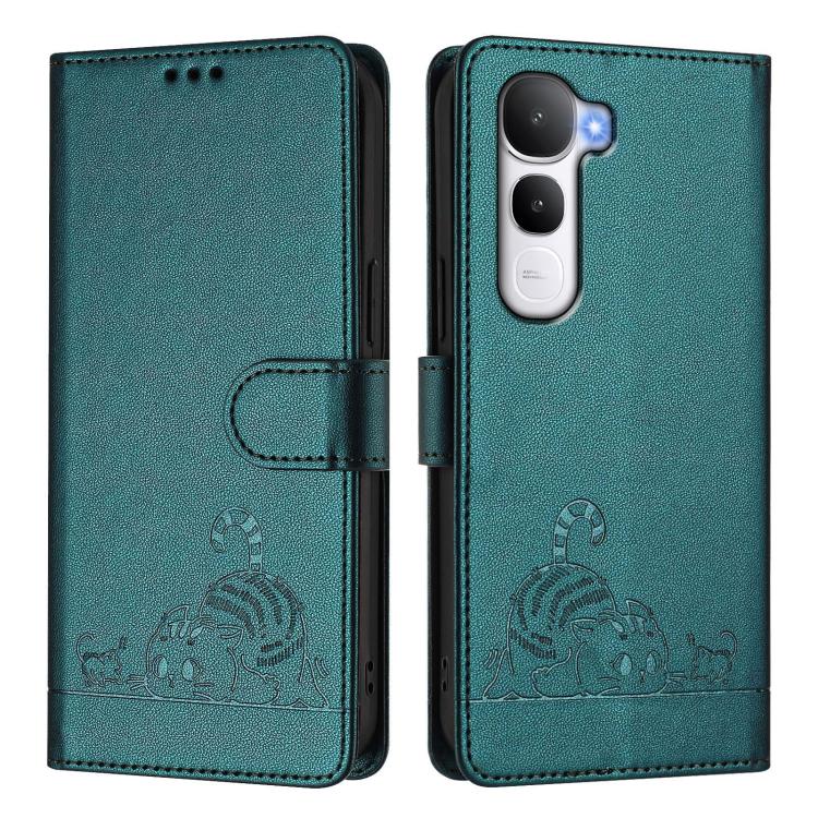 For vivo Y400 4G Cat Rat Embossed Pattern RFID Leather Phone Case with Lanyard