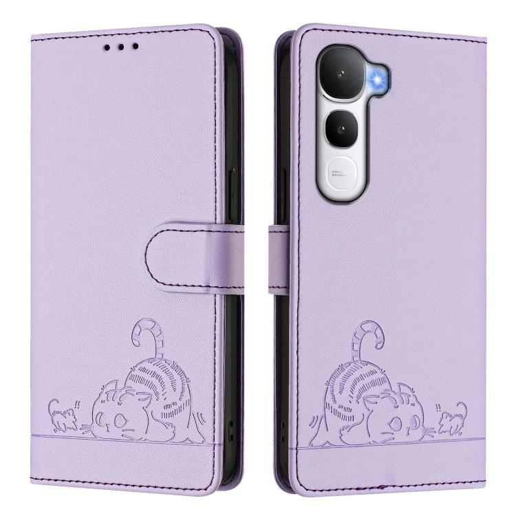 For vivo Y400 4G Cat Rat Embossed Pattern RFID Leather Phone Case with Lanyard