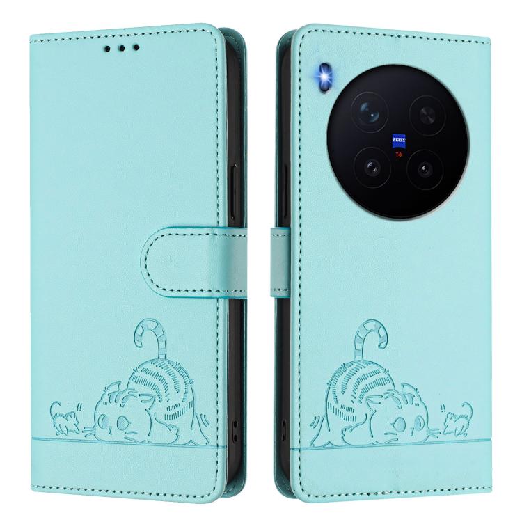 For vivo X300 Pro Cat Rat Embossed Pattern RFID Leather Phone Case with Lanyard