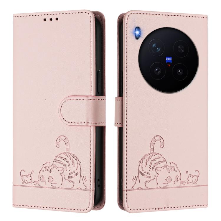 For vivo X300 Cat Rat Embossed Pattern RFID Leather Phone Case with Lanyard