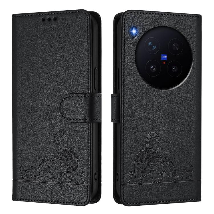 For vivo X300 Cat Rat Embossed Pattern RFID Leather Phone Case with Lanyard