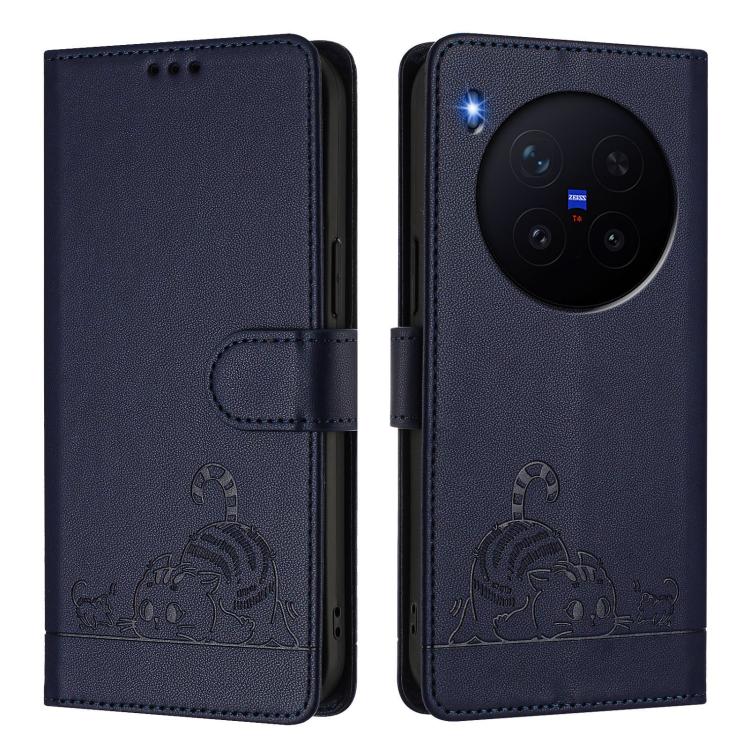 For vivo X300 Cat Rat Embossed Pattern RFID Leather Phone Case with Lanyard