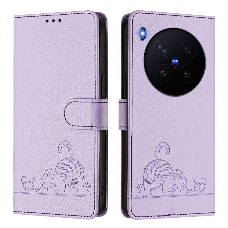 For vivo X300 Cat Rat Embossed Pattern RFID Leather Phone Case with Lanyard