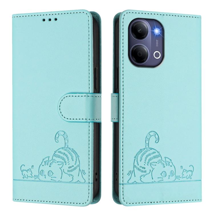 For vivo Y21 5G 2026 / vivo Y05 4G Cat Rat Embossed Pattern RFID Leather Phone Case with Lanyard