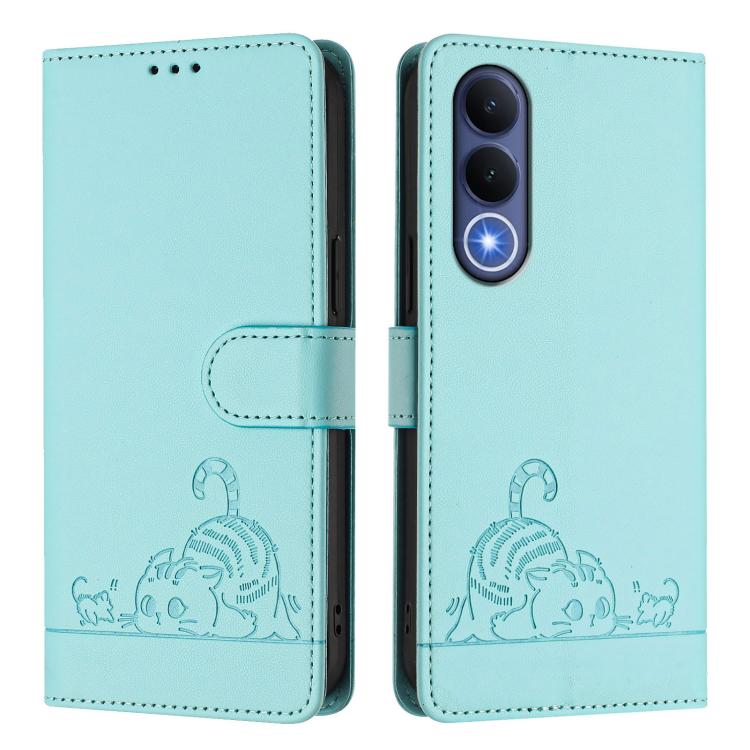 For vivo V70 FE 5G Cat Rat Embossed Pattern RFID Leather Phone Case with Lanyard