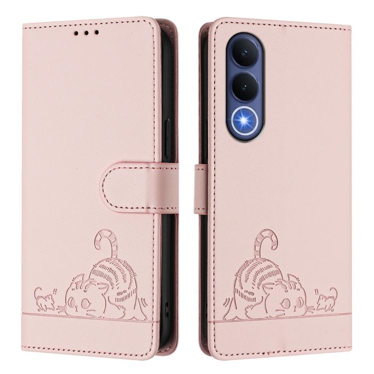 For vivo V70 FE 5G Cat Rat Embossed Pattern RFID Leather Phone Case with Lanyard