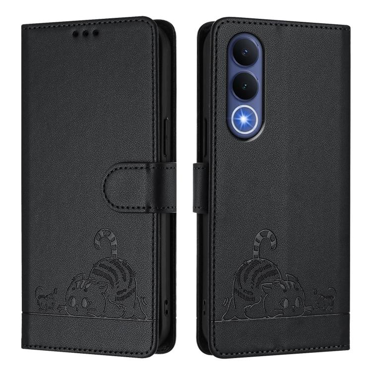 For vivo V70 FE 5G Cat Rat Embossed Pattern RFID Leather Phone Case with Lanyard