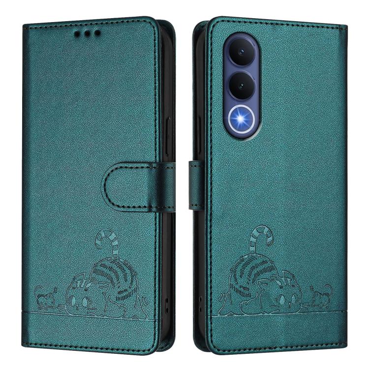 For vivo V70 FE 5G Cat Rat Embossed Pattern RFID Leather Phone Case with Lanyard