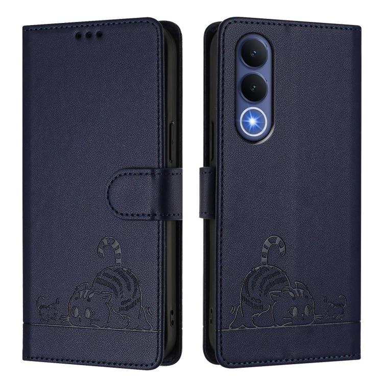 For vivo V70 FE 5G Cat Rat Embossed Pattern RFID Leather Phone Case with Lanyard
