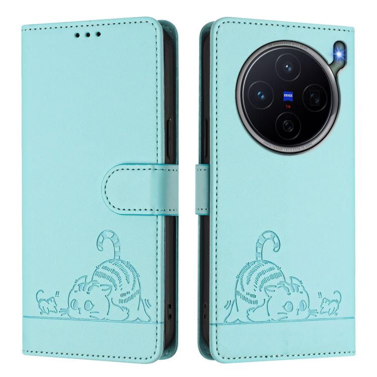 For vivo X300s 5G Cat Rat Embossed Pattern RFID Leather Phone Case with Lanyard
