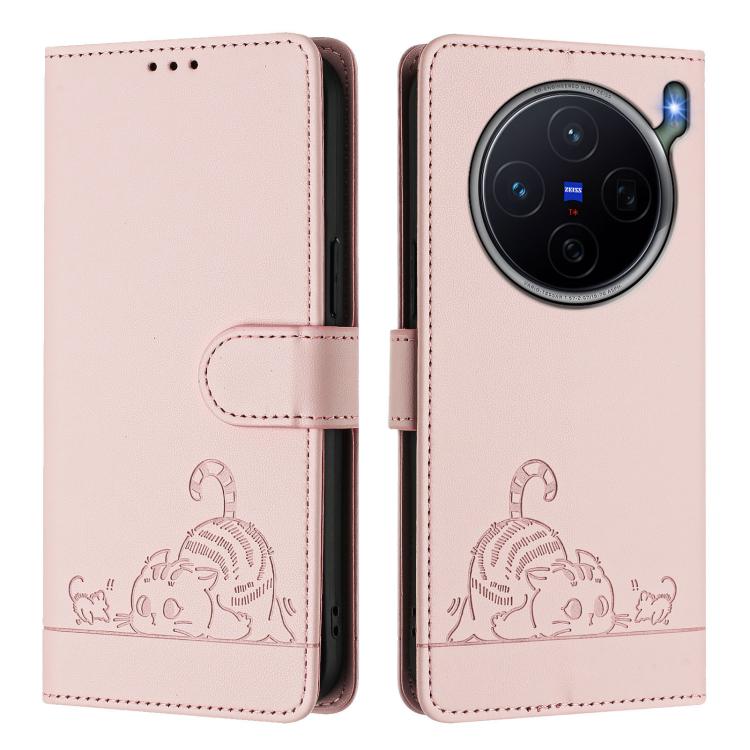 For vivo X300s 5G Cat Rat Embossed Pattern RFID Leather Phone Case with Lanyard