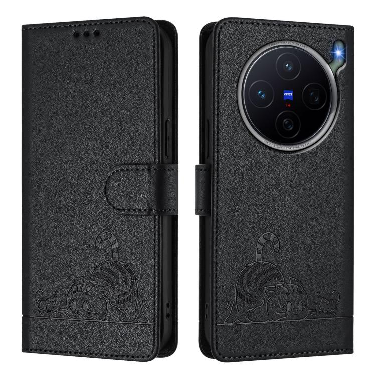 For vivo X300s 5G Cat Rat Embossed Pattern RFID Leather Phone Case with Lanyard
